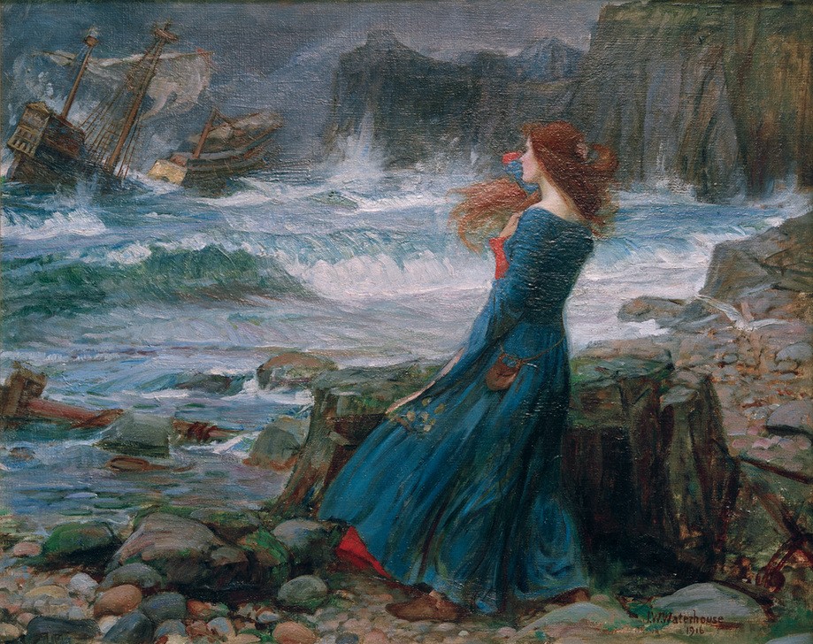 John William Waterhouse, Miranda (Frau, Küste, Meer, Sturm, Brandung, Schiffbruch, Shakespeare, Literatur, Theater, Präraffaeliten,  Viktorianische Kunst, Klassiker, Malerei, Wohnzimmer, Wunschgröße)