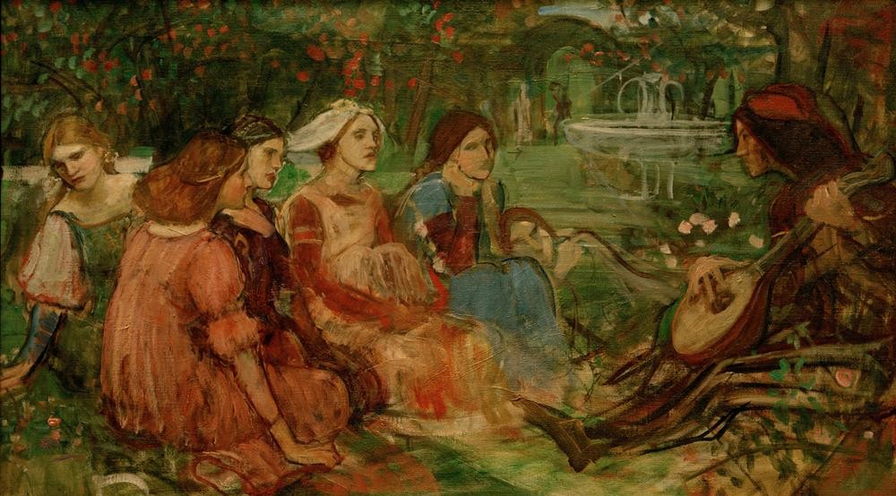 John William Waterhouse, The Decamerone (Frau,Gesellschaft,Gruppenbild,Dichter,Kunst,Laute,Literatur,Mann,Musik,Pest (Krankheit),Troubadour,Präraffaeliten,Englische Kunst,Viktorianische Kunst,Menschen Im Garten,Musikant,Barde,Zuhörerin,Person,Garten)