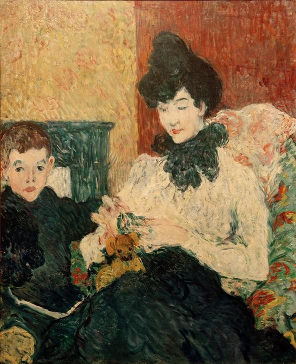 Louis Valtat, Madame Doubère et son fils (FAMILIE, FRAU, HANDARBEIT, KIND, MENSCH, MUTTER UND KIND, HALSTUCH, NÄHEN, MUTTER UND SOHN, BLUSE, FRANZÖSISCHE KUNST, KNABE, SOHN, SESSEL, SITZEN, JAHRHUNDERTWENDE, SCHWARZ, DOPPELPORTRAIT, HOCHFRISUR, SCHWARZ UND WEISS, KONZENTRATION, WEISS (FARBE))