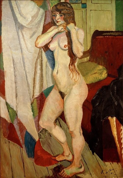 Andre Utter, Suzanne Valadon se coiffant (Aktmalerei, Körperpflege, Kämmen, Haare, Frau, Künstlerin, Portrait, Interieur, Klassische Moderne, gemäßigter Expressionismus, Wunschgröße, Wohnzimmer)