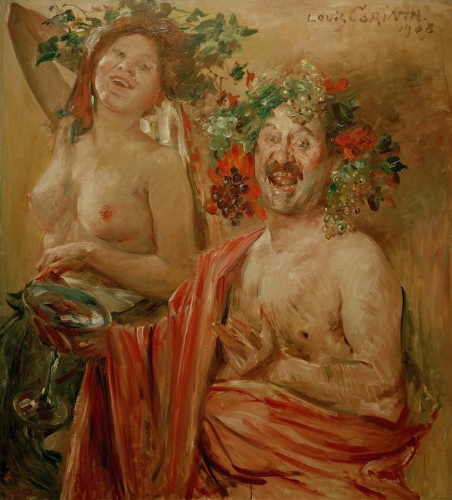 Lovis Corinth, Bacchantenpaar (Alkohol,Deutsche Kunst,Frau,Mann,Mythologie,Wein,Impressionismus,Selbstbildnis,Alkoholismus,Bacchant,Betrunken,Schale (Gefäss),Thiasos,Bacchanal,Paar,Halbakt,Weintraube,Bacchantin,Ausgelassenheit,Weintrinker,Weinlaubkranz,Griechisch-Römische Mythologie,Ra)