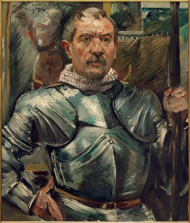 Lovis Corinth, Selbstbildnis im Harnisch (Deutsche Kunst,Künstler,Maler (Künstler),Mann,Ritter,Rüstung (Schutzkleidung),Impressionismus,Bart,Selbstbildnis,Schnurrbart,Portrait,Portrait Historie,Person,Harnisch)