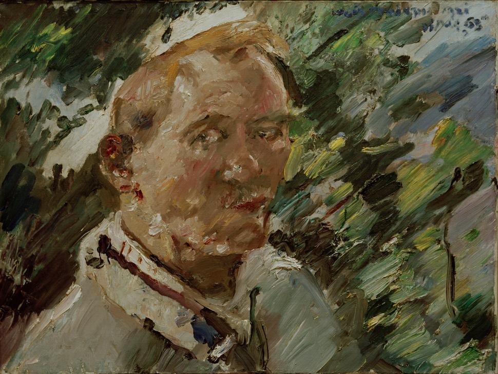 Lovis Corinth, Kleines Selbstbildnis vor dem Walchensee (Deutsche Kunst,Künstler,Maler (Künstler),Mann,Alter,Impressionismus,Selbstbildnis,Portrait,Brustbild,Person)