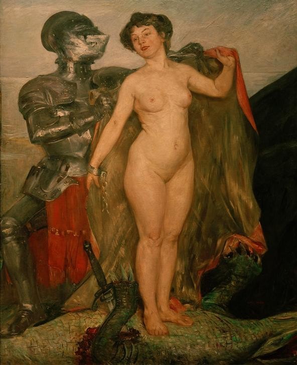 Lovis Corinth, Perseus und Andromeda (Deutsche Kunst,Frau,Helm,Mythologie,Ritter,Rüstung (Schutzkleidung),Schwert,Impressionismus,Akt,Kampf Zwischen Mensch Und Tier,Gefangenenbefreiung,Befreiung (Gefangenschaft),Rettung,Jahrhundertwende,Drache (Fabelwesen),Griechisch-Römische Mythologie,Siege)