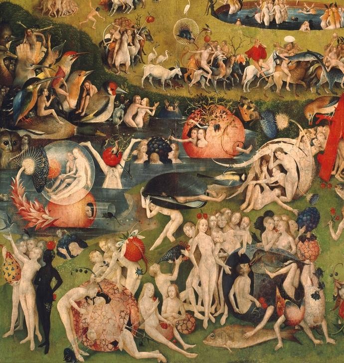 Hieronymus Bosch, Der Garten der Lüste (Christentum,Erdbeere,Erotik,Eule,Laster,Liebespaar,Teilansicht,See,Begierde,Altes Testament,Allegorie,Triptychon,Bibel,Liebesgarten,Hölle,Sünde,Niederländische Kunst,Mystik,Nacktheit,Sexualität,Paar,Perversion,Todsünde,Weltbild,Lust,Berühmte Kunstwerke,Lu)