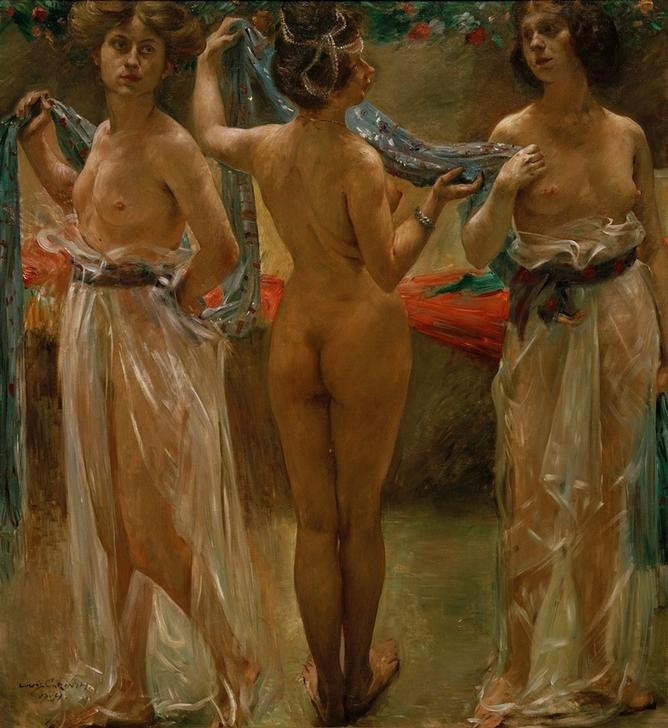 Lovis Corinth, Drei Grazien (Deutsche Kunst,Erotik,Frau,Mythologie,Schönheit,Impressionismus,Akt,Rückenakt,Rückenfigur,Halbakt,Transparenz,Jahrhundertwende,Tuch,Griechisch-Römische Mythologie)