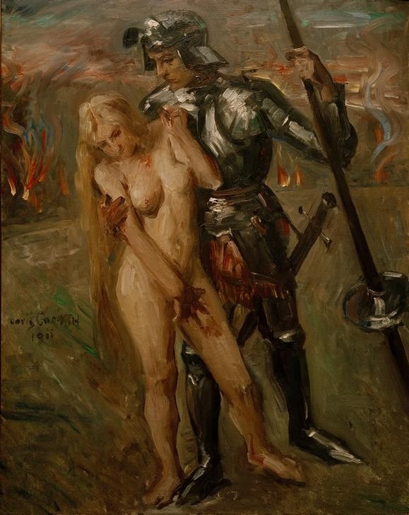 Lovis Corinth, Frauenraub (Deutsche Kunst,Feuer,Frau,Krieg,Recht,Ritter,Rüstung (Schutzkleidung),Soldat,Entführung,Impressionismus,Akt,Brandschatzung,Zivilbevölkerung,Gewalt,Blonde Haare,Kriegsbeute,Frauenleben,Brand)