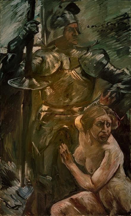 Lovis Corinth, Im Schutz der Waffen (Deutsche Kunst,Frau,Geschichte,Held,Krieg,Ritter,Rittertum,Rüstung (Schutzkleidung),Impressionismus,Akt,Lanze,Geschlechterrollen,Vita Activa,Beschützer,Erster Weltkrieg,Starker Mann)