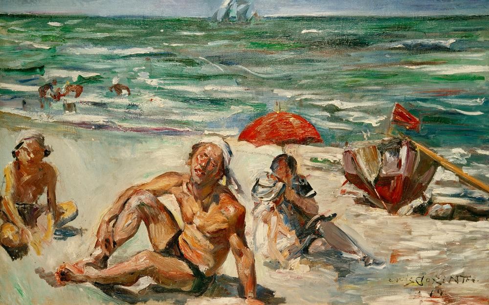 Lovis Corinth, Am Strand von Forte dei Marmi (Boot,Deutsche Kunst,Kind,Mann,Freizeit,Ruderboot,Seebad,Strand,Urlaub,Meer,Impressionismus,Reise,Sonnenschirm,Knabe,Hitze,Badehose)