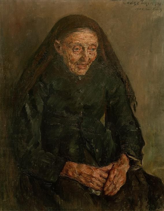 Lovis Corinth, Die Achtzigjährige (Deutsche Kunst,Frau,Mensch,Impressionismus,Hand,Portrait,Greisin,Schwarz,Alte Frau,Kopftuch)