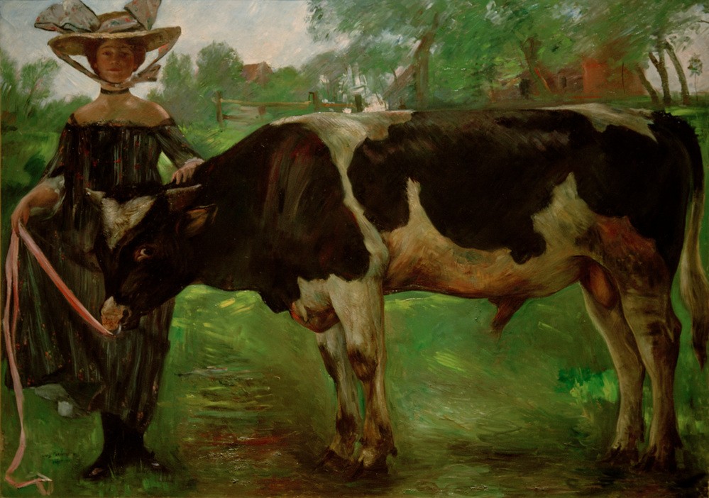 Lovis Corinth, Mädchen mit Stier (Charlotte) (Damenhut,Deutsche Kunst,Dorf,Frau,Künstlerin,Malerin,Rind,Impressionismus,Hut,Portrait,Künstlerfrau,Frau Und Tier,Nasenring,Jahrhundertwende,Grafikerin,Ganzfigurig,Person,Stier (Tier),Viehzucht)