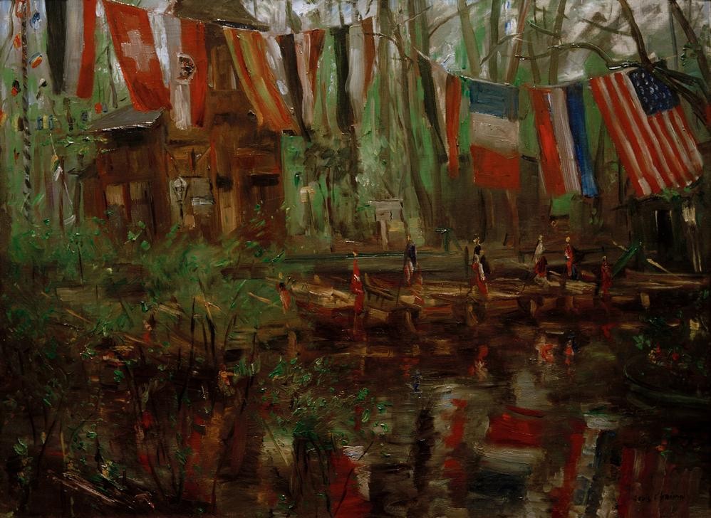 Lovis Corinth, Der neue See im Berliner Tiergarten (Boot,Deutsche Kunst,Flagge,Garten Und Park,Geographie,Park,Ruderboot,Impressionismus,See,Bootshaus,Bootsverleih,Fahnenschmuck,Topographie,Landschaftspark)