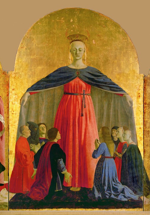 Piero Della Francesca , Schutzmantelmadonna (Christentum,Gebet,Kult,Kunst,Mantel,Religion,Schule,Wohltätigkeit,Renaissance,Maria Mit Kind,Jungfrau,Schutzmantelmadonna,Italienische Kunst,Pieta,Kleidung (Allgemein),Anbetung (Allgemein),Stifter,Frührenaissance)