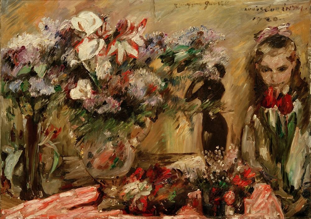 Lovis Corinth, Blumen und Tochter Wilhelmine (Deutsche Kunst,Kind,Kunst,Mädchen,Impressionismus,Tisch,Stillleben,Portrait,Tochter,Blumenstrauss,Vase,Blume,Tochter Von Berühmten,Skulptur Im Bild)