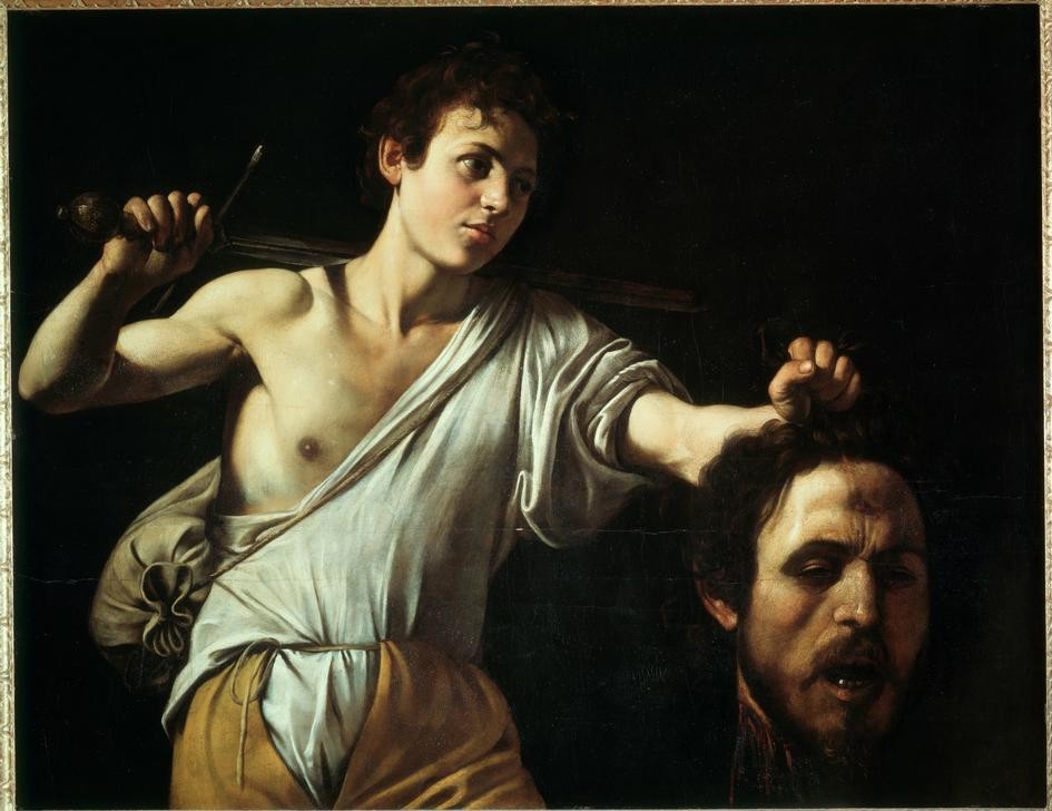 Caravaggio, David mit dem Haupt des Goliath (Enthaupten, Kopf, König, Schwert, Tod, Kampf, Steinschleuder, Altes Testament, Bibel, Religion, Hell-Dunkel, Barock, Klassiker, Malerei, Wunschgröße, Wohnzimmer)
