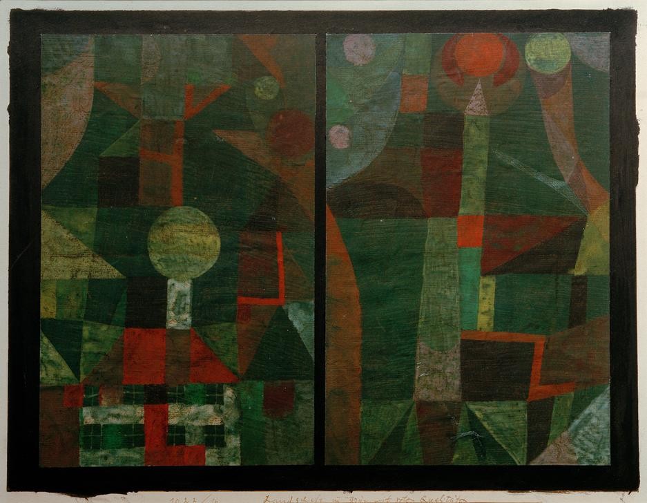 Paul Klee, Landschaft in Grün mit roten Qualitäten (Bauhaus,Deutsche Kunst,Kunst,Landschaft,Geometrisch,Abstrakte Kunst,Schweizerische Kunst,Grün,Rot,Farbigkeit)