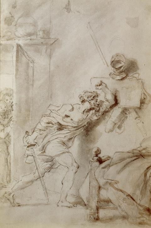 Jean-Honoré Fragonard, Don Quichotte combattant les armures (Bett,Kunst,Mann,Rüstung (Schutzkleidung),Schwert,Barock,Rokoko,Neugier,Beobachten,Französische Kunst)