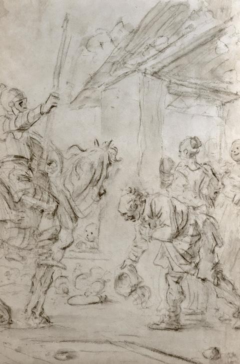 Jean-Honoré Fragonard, Don Quichotte arrive à une auberge (Herberge,Kunst,Mann,Pferd (Tier),Ritter,Rüstung (Schutzkleidung),Verbeugung,Reiter,Barock,Rokoko,Lanze,Französische Kunst)