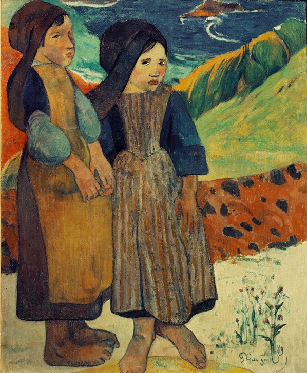 Paul Gauguin, Petites bretonnes au bord de la mer (Kind,Küste,Mädchen,Tracht,Volkskunde,Meer,Fauves,Portrait,Haube,Schürze,Französische Kunst,Fuss,Traurigkeit,Barfuss,Gefühl (Stimmung),Doppelportrait,Blick (Allgemein),Negative Stimmungen Und Gefühle,Handhalten)