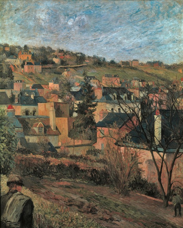 Paul Gauguin, Les toits bleus (Rouen) (Dach,Haus,Jahreszeiten,Kunst,Landschaft,Mann,Stadt,Schornstein,Impressionismus,Architekturdarstellung,Französische Kunst,Hügel)