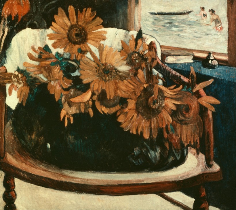 Paul Gauguin, Fleurs de tournesols dans un fauteuil I (Botanik,Kunst,Sonnenblume,Bild Im Bild,Stillleben,Blumenstrauss,Französische Kunst,Sessel,Blume,Jahrhundertwende,Synthetismus)