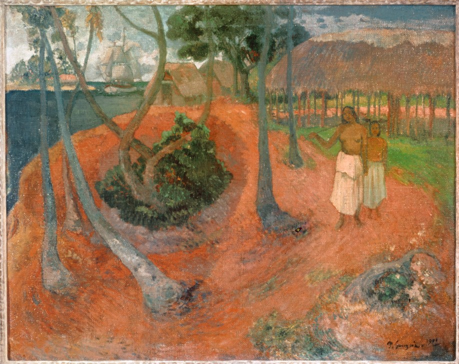 Paul Gauguin, Plage Tahitienne avec jeunes filles (Frau,Küste,Kunst,Landschaft,Mädchen,Segelschiff,Strand,Völkerkunde,Meer,Naturvölker,Französische Kunst,Jahrhundertwende,Junge Frau,Ureinwohner,Synthetismus,Land Und Leute)
