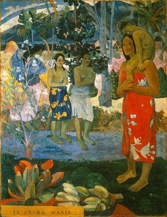 Paul Gauguin, Ia Orana Maria (Ave Maria,Banane,Botanik,Christentum,Frau,Früchte,Gebet,Kult,Landschaft,Mutter Und Kind,Obst,Palme,Religion,Textil,Völkerkunde,Mission,Maria Mit Kind,Portrait,Jungfrau,Französische Kunst,Nacktheit,Knabe,Barfuss,Heiligenschein,Exotik,Kulturimport,Frömmigke)