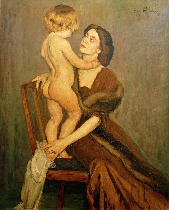 Fritz Rhein, Dame mit Kind (Deutsche Kunst,Familie,Frau,Kind,Mensch,Mutter Und Kind,Impressionismus,Akt,Kleinkind,Mutter,Abendkleid,Mutterliebe,Berliner Sezession,Doppelportrait,Blick (Allgemein))