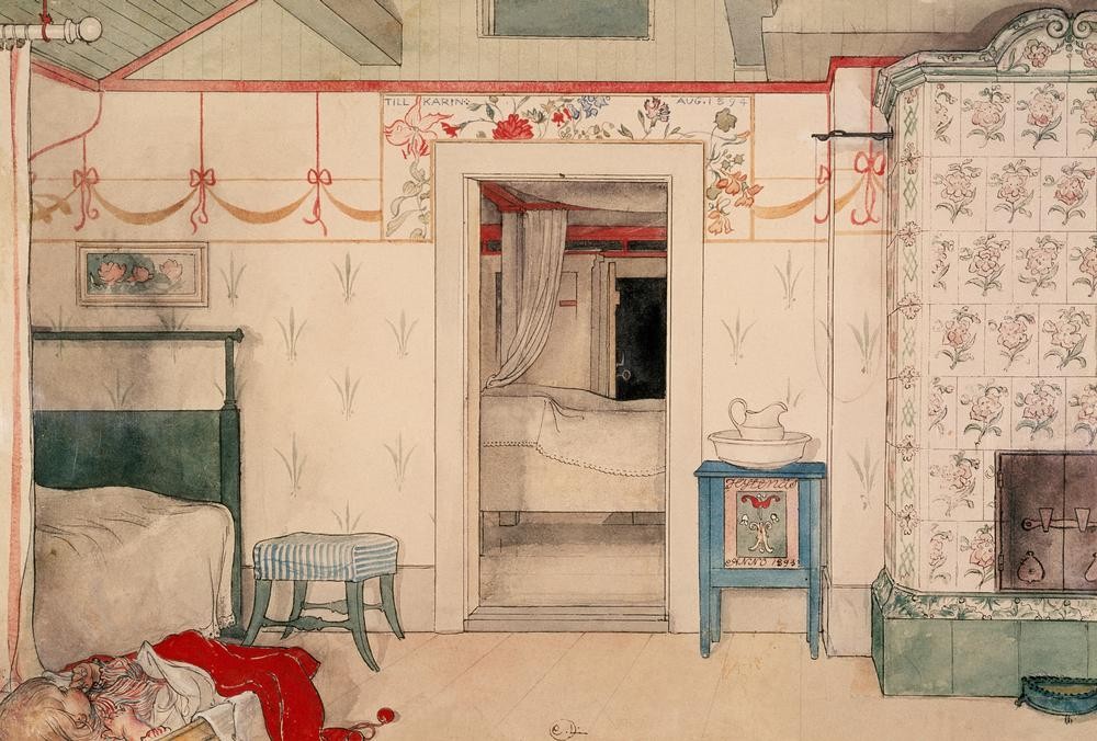 Carl Larsson, Britas Schläfchen (Heizung,Schlafzimmer,Tapete,Wohnung,Kleinkind,Waschgeschirr,Kachelofen,Ofen (Heizung),Interieur,Schwedische Kunst,Jahrhundertwende,Geblümt,Fliese,Schlafen (Schlaf),Waschtisch)