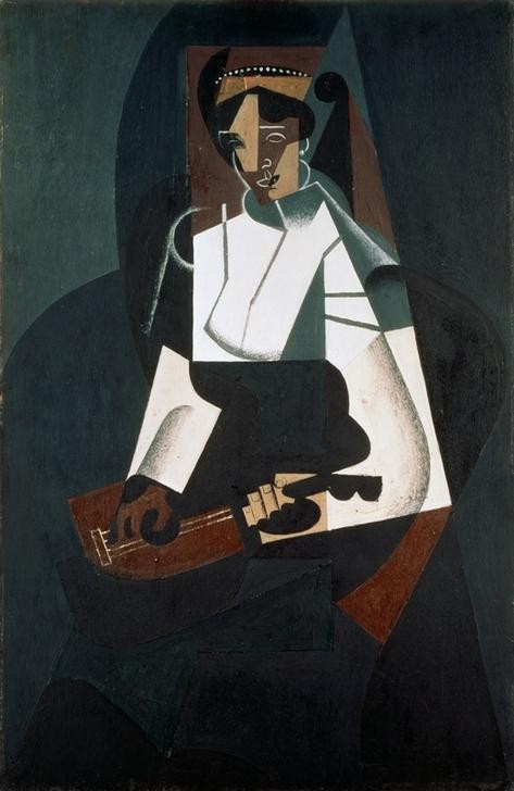 Juan Gris, La femme à la mandoline (Frau,Mandoline,Mensch,Musik,Instrument,Kubismus,Portrait,Spanische Kunst,Abstraktion,Mandolinenspielerin)