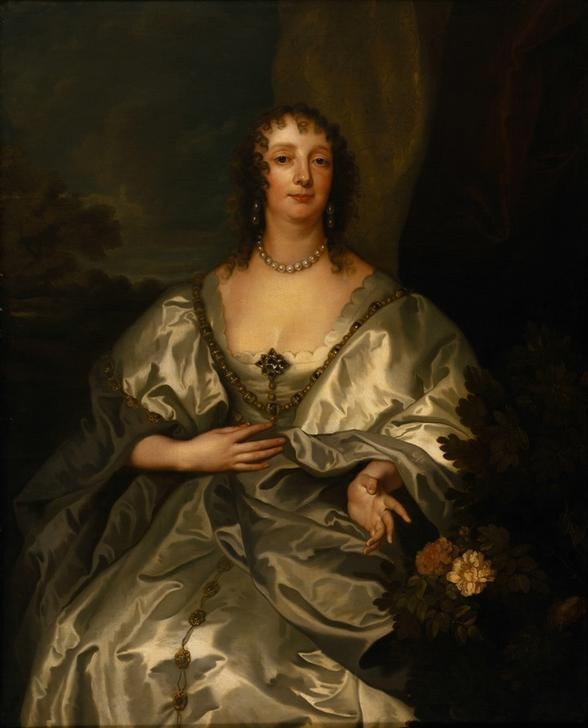 Anthonis van Dyck, Bildnis Lady Mai (Damenmode,Flämische Kunst,Frau,Geschichte,Mode,Schmuck,Textil,Ohrring,Barock,Dekollete,Hand,Portrait,Seide,Perlenkette,Adel,Wohlstand,Kleid,Brosche,Pose,Doppelkinn,Locke,Frisur)