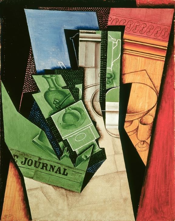 Juan Gris, Das Frühstück, 1915 (Glas,Kunst,Kubismus,Frühstück,Stillleben,Zeitung,Schale (Gefäss),Flasche,Spanische Kunst,Karaffe)