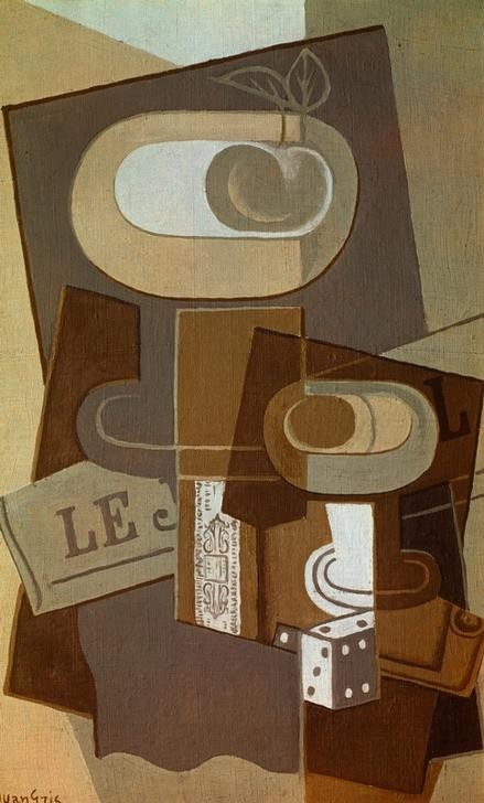 Juan Gris, Le dé (Früchte,Kunst,Obst,Kubismus,Stillleben,Zeitung,Schale (Gefäss),Spanische Kunst,Würfel,Obstschale)