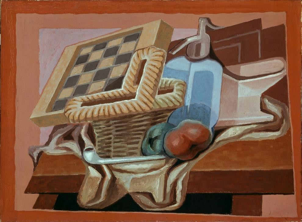 Juan Gris, Panier et siphon (Schachbrett, Tisch, Tischtuch, Früchte, Siphon, Flasche, Korb, Kubismus,  Klassische Moderne, Malerei, Wohnzimmer, Wunschgröße, bunt)