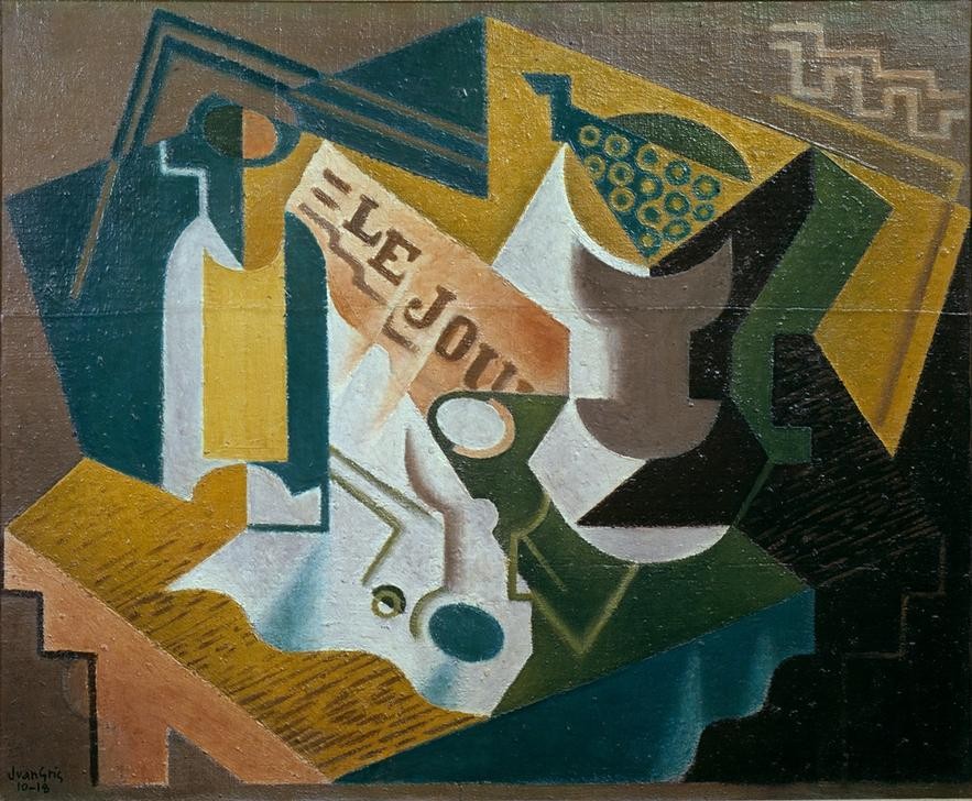 Juan Gris, Le Journal (Zeitung, Flasche, Tischtuch, Stillleben, Kubismus,  Klassische Moderne, Malerei, Wohnzimmer, Wunschgröße, bunt)