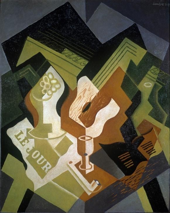 Juan Gris, Guitare et Compotier (Glas, Gitarre, Pfeife, Instrument,  Stillleben, Zeitung,Kubismus, Klassische Moderne, Malerei, Wohnzimmer, Wunschgröße, bunt)