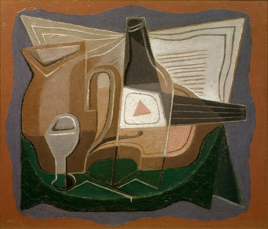 Juan Gris, Nature morte (Glas,Kunst,Musik,Geige,Instrument,Kubismus,Stillleben,Flasche,Spanische Kunst,Abstraktion,Notenpapier,Krug)
