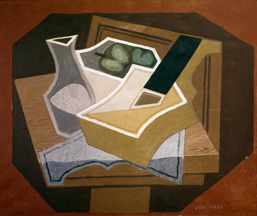 Juan Gris, Guitare, pommes et karaffe (Apfel,Gitarre,Kunst,Musik,Instrument,Kubismus,Tisch,Stillleben,Spanische Kunst,Karaffe)