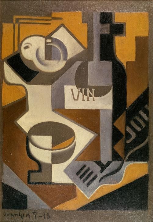 Juan Gris, Nature morte à la bouteille de vin (Kunst,Wein,Kubismus,Stillleben,Zeitung,Flasche,Spanische Kunst,Gefäss)