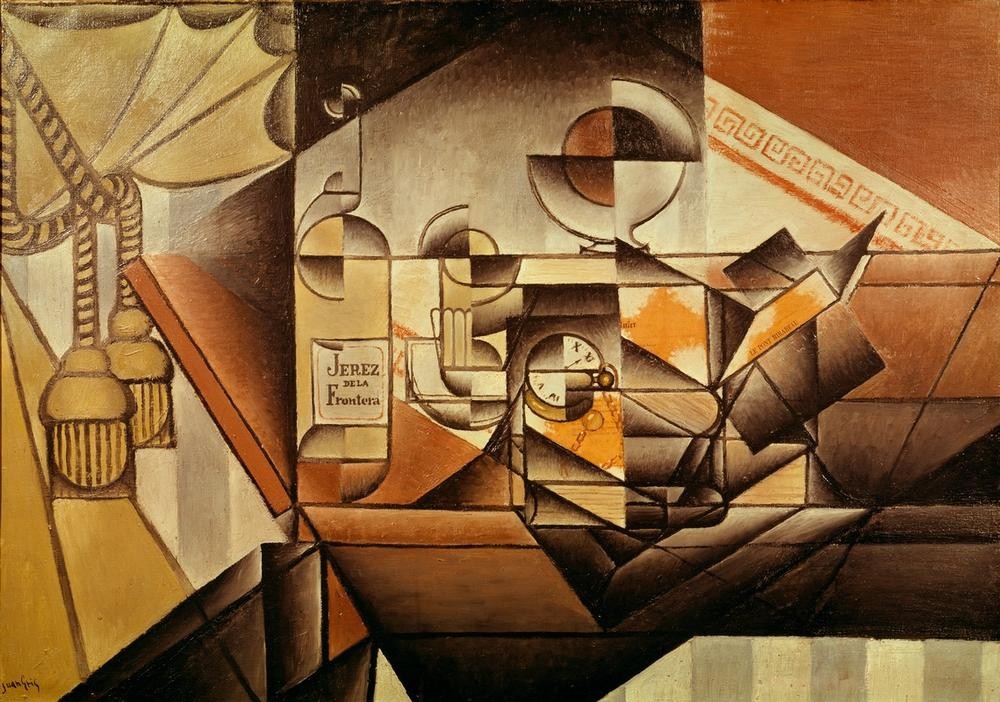 Juan Gris, Composition avec montre. (Montre et bouteille de Jerez) (Kunst,Taschenuhr,Uhr,Kubismus,Stillleben,Flasche,Spanische Kunst,Troddel)