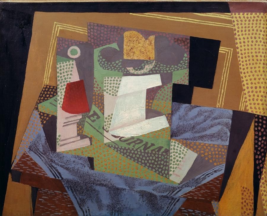 Juan Gris, Compotier sur un table (Compotier sur le tapis bleu) (Kunst,Kubismus,Stillleben,Zeitung,Tischtuch,Spanische Kunst,Obstschale,Blau,Abstraktion)