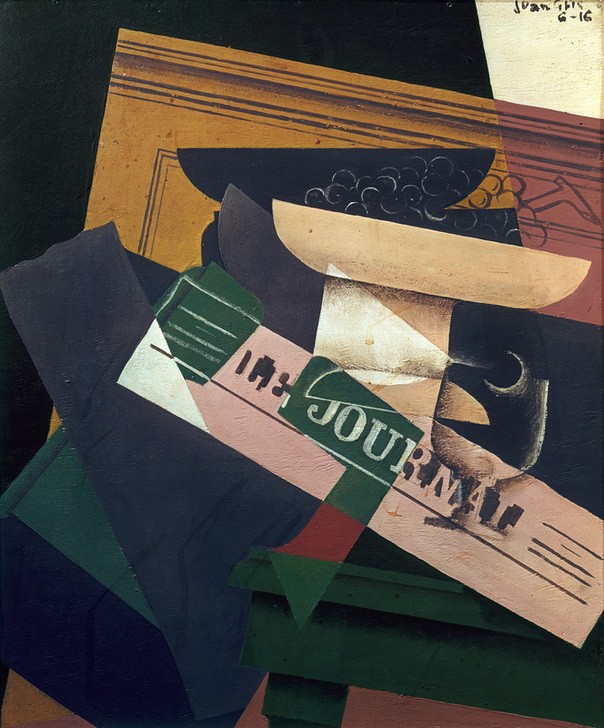 Juan Gris, Nature morte avec compotier et journal (Nature morte aux raisins (Kunst,Obst,Kubismus,Stillleben,Zeitung,Spanische Kunst,Obstschale,Weintraube,Schrift)