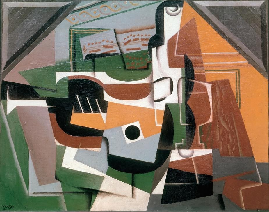 Juan Gris, Guitare, bouteille et verre (Glas,Gitarre,Musik,Noten,Instrument,Kubismus,Stillleben,Flasche,Spanische Kunst)
