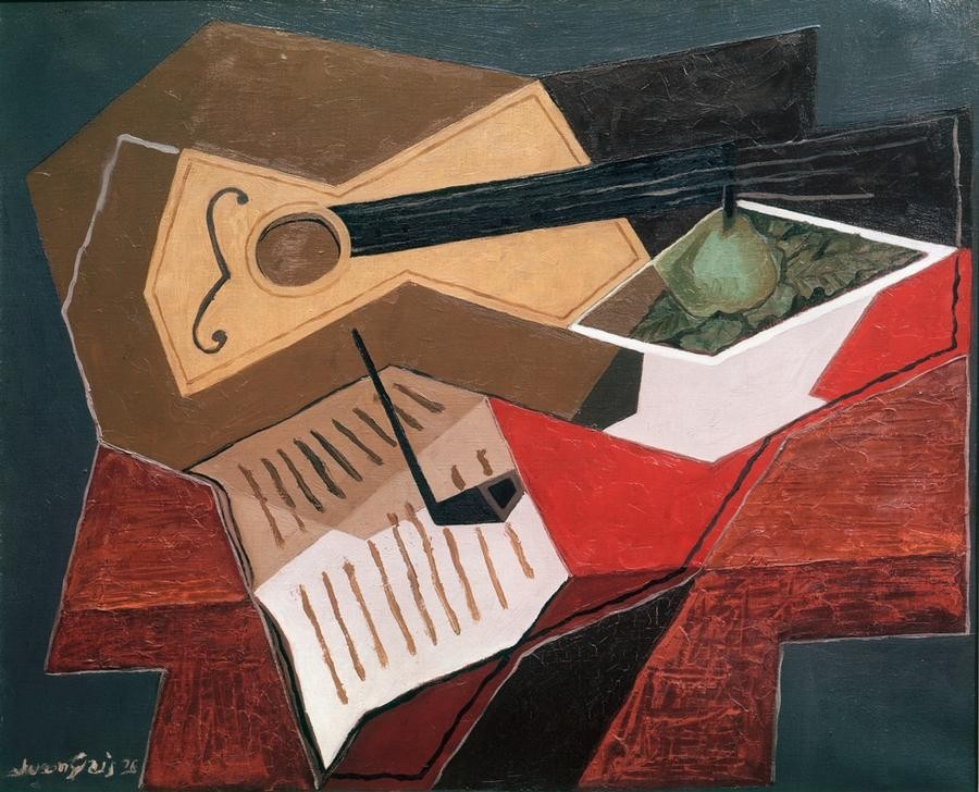 Juan Gris, Guitare et compotier (Früchte,Gitarre,Kunst,Musik,Noten,Obst,Pfeife (Tabak),Instrument,Kubismus,Stillleben,Spanische Kunst,Obstschale,Birne,Abstraktion)