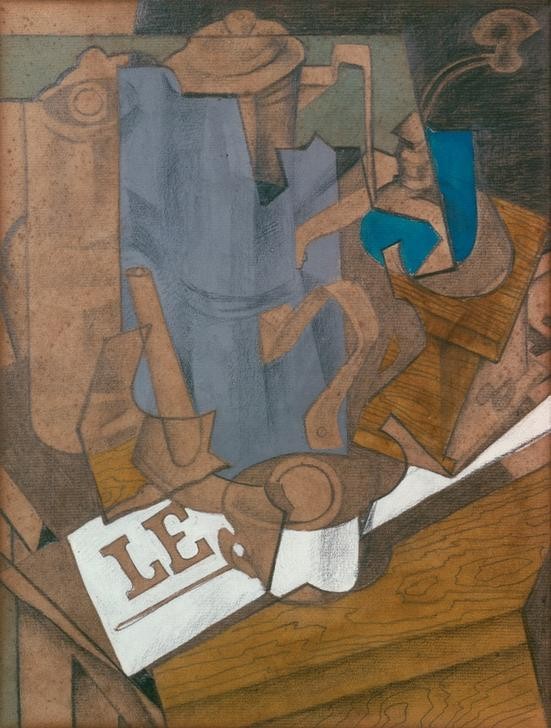 Juan Gris, Nature morte à la cafetière (Kaffeemaschine,Kaffeemühle,Kaffee,Kanne,Kunst,Publizistik,Genussmittel,Nahrungsmittel,Kubismus,Stillleben,Zeitung,Spanische Kunst,Gefäss,Espresso,Getränk,Kaffeekanne,Espressomaschine,Schrift,Tasse,Giessgefäss)