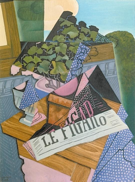 Juan Gris, Le pot de géranium (Glas,Kunst,Holz,Kubismus,Stillleben,Zeitung,Topfpflanze,Spanische Kunst,Blatt,Privatsammlung,Blumentopf,Pflanze,Geranie)
