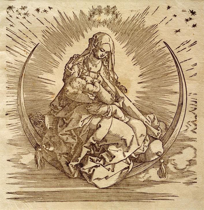 Albrecht Dürer, Maria auf der Mondsichel (Astrologie,Deutsche Kunst,Mond,Religion,Renaissance,Maria Mit Kind,Marienleben,Titelseite,Mondsichel)