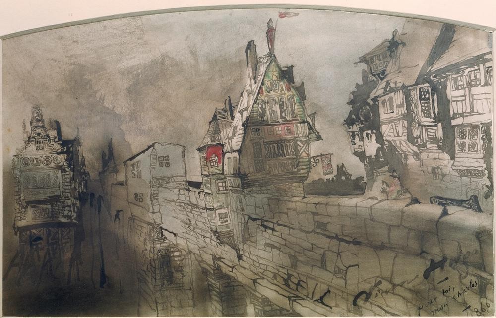 Victor Hugo, Le Pont (Vue d’un ville Rhénane) (Brücke,Haus,Kunst,Stadtansicht,Architekturdarstellung,Französische Kunst,Taubenschlag,Tinte,Ansicht,Fachwerkhaus,Dachbekrönung)