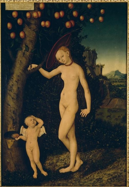 Lucas Cranach der Ältere, Venus und Amor als Honigdieb (Damenhut,Deutsche Kunst,Frau,Hirsch,Mythologie,Hut,Renaissance,Akt,Insektenstich,Honig,Reh,Biene,Imkerei,Griechisch-Römische Mythologie)