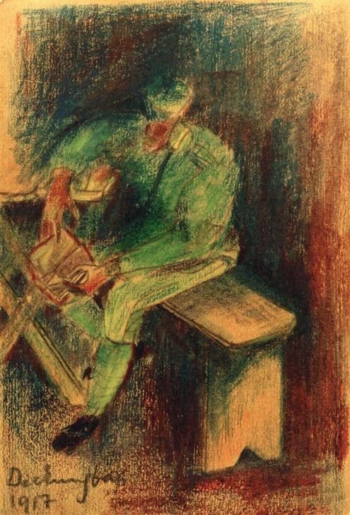 Laszlo Moholy-Nagy, (Soldat beim) Deckungsbau (Feldpost,Kunst,Mann,Militär,Bank (Sitzgelegenheit),Postkarte,Soldat,Uniform,Lesen (Allgemein),Ungarische Kunst,Feldpostkarte,Deckung)